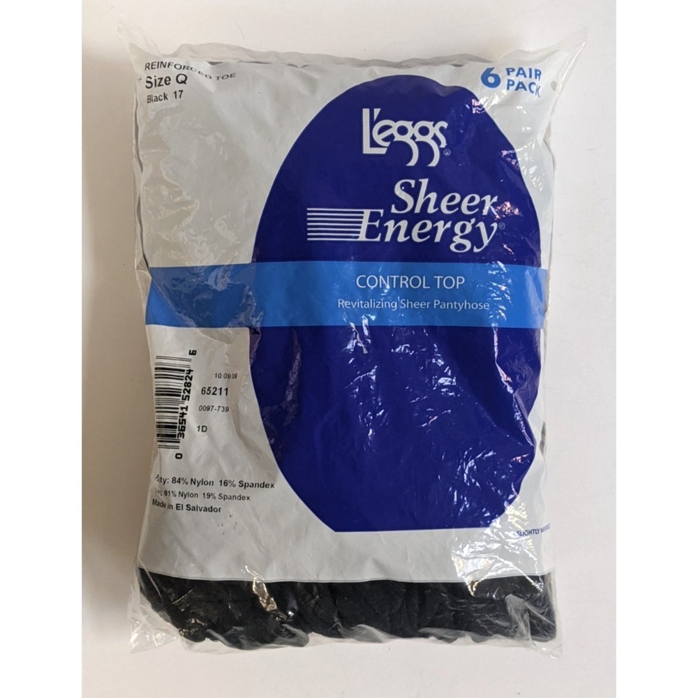 NOS L'eggs Sheer Energy Control Top Pantyhose 6 Pair Pack Size Q Black 17 Sealed